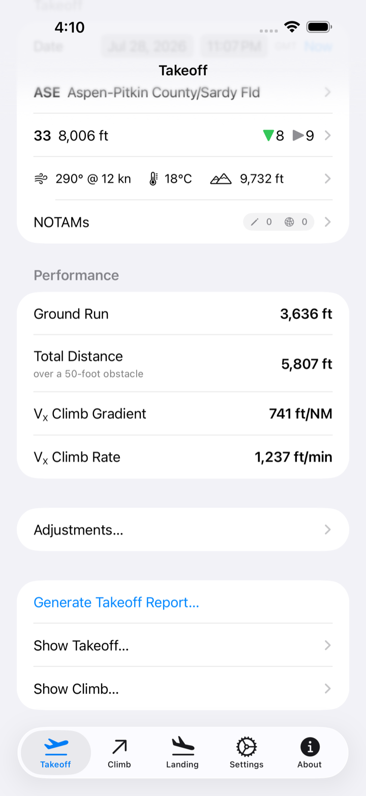 Takeoff results showing ground run, distance over a 50-foot obstacle, V-speeds, and the limiting factor for the selected runway.