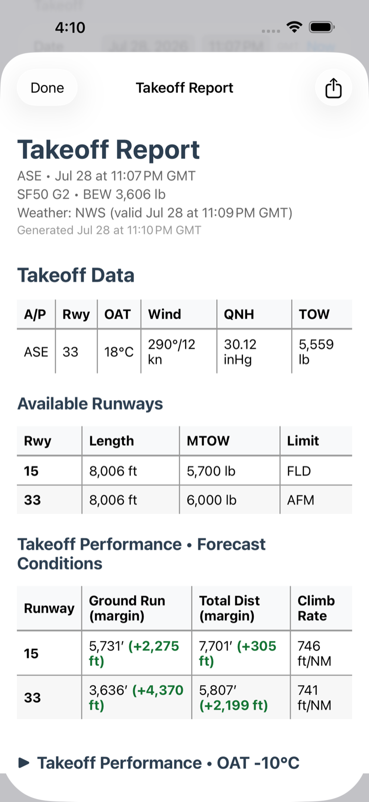 Takeoff and Landing Report showing performance under forecast conditions alongside what-if scenarios.