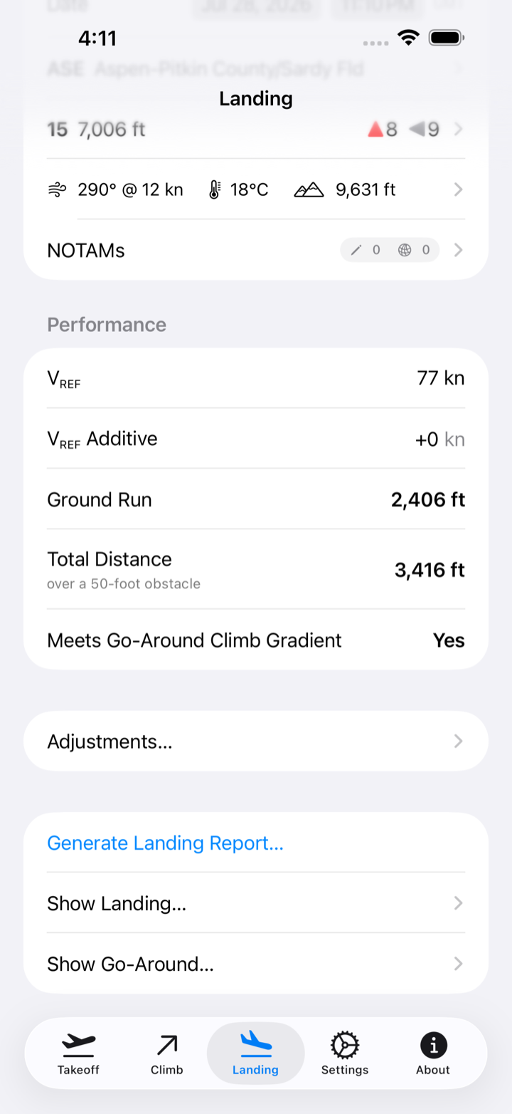 Landing results listing distances, V-speeds, and the factor limiting the selected runway.