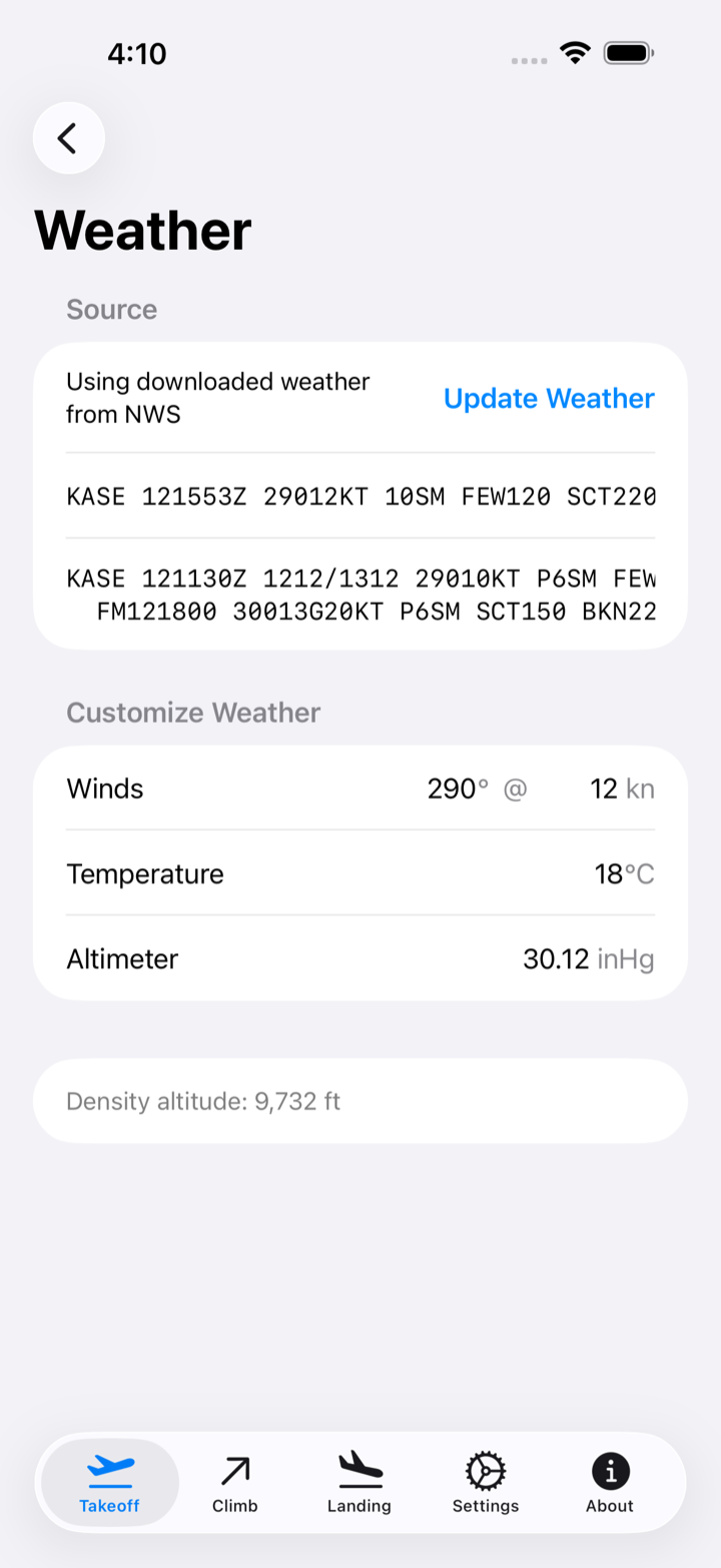 Weather screen showing observed conditions and their source, with manual entry available.